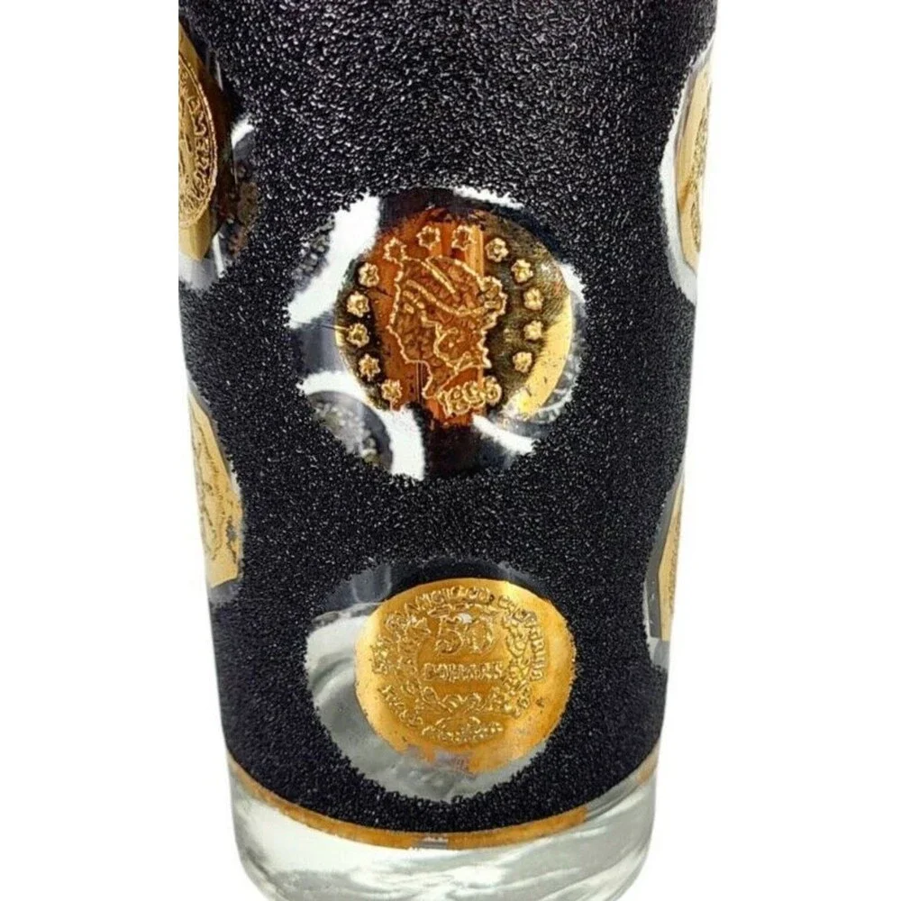 Vintage Libbey 60s MCM Black Gold Old World Coin Highball Tumbler Barware Glass